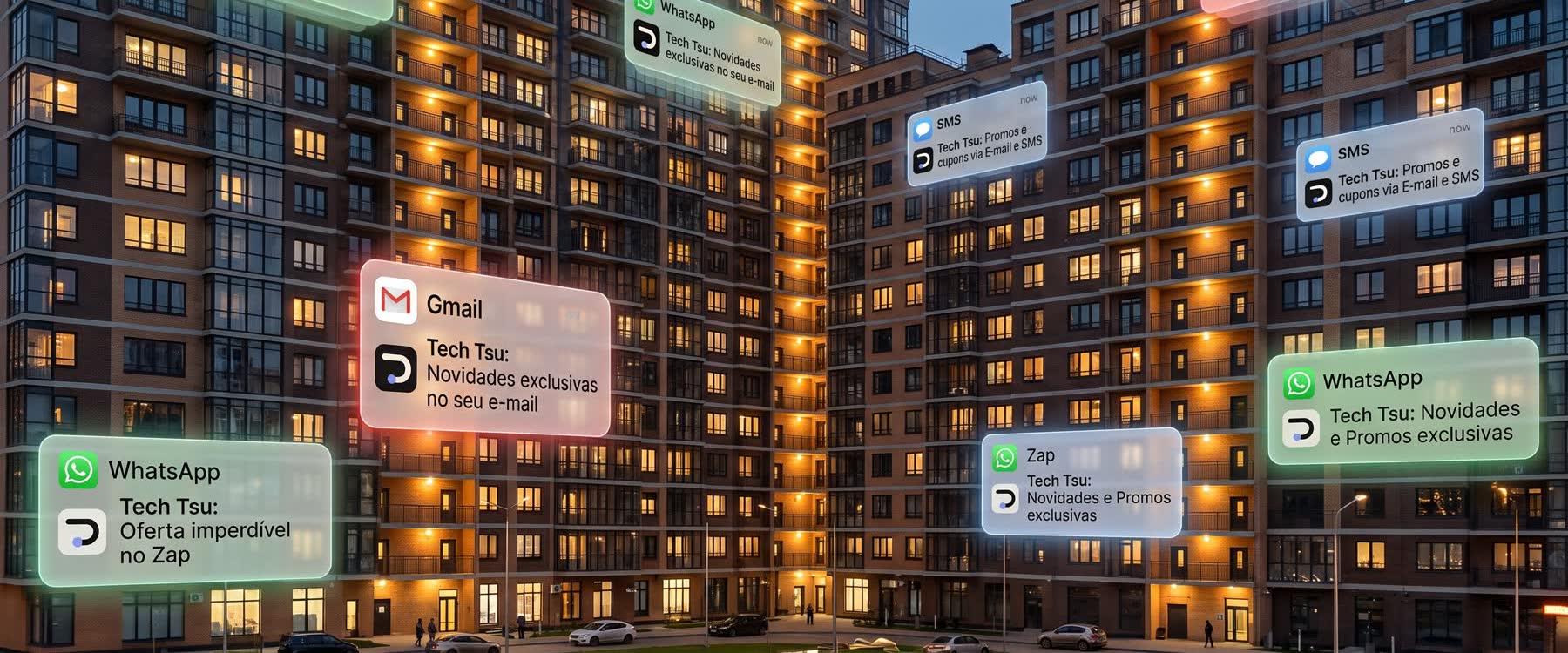 Notificações da Tech Tsu chegando em vários apartamentos ao mesmo tempo